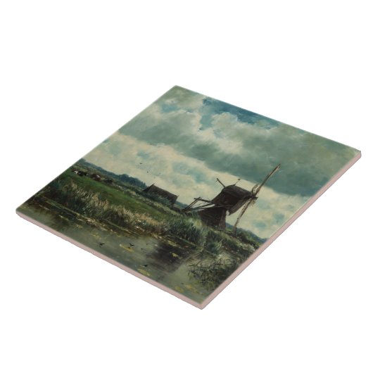 Polderlandschaft mit Windmühle, Willem Roelofs Fliese (Seite)