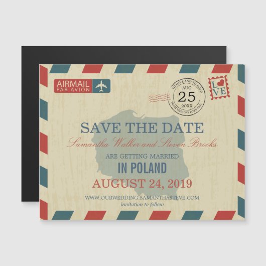 POLEN - Antike Luftpost Save the Date Magneteinladung (Vorne/Hinten)