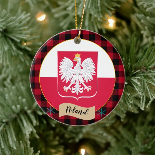 Polen, rotes Büffel, karierte und polnische Flagge Keramik Ornament (Baum)