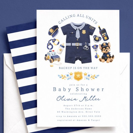 Police Baby Shower Invitation Blue Stripe Einladung