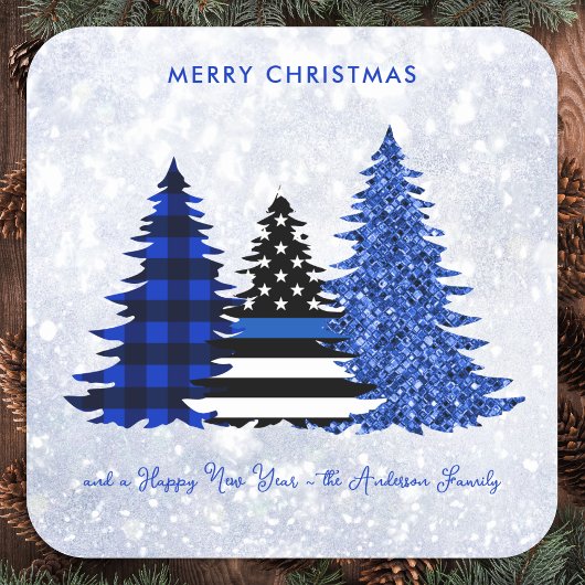 Police Christmas Blue Karierter Glitzer Tree Festl Quadratischer Aufkleber