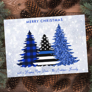Police Christmas Thin Blue Line Glitzer Karierter  Feiertagskarte