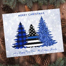 Police Christmas Thin Blue Line Glitzer Karierter Feiertagspostkarte