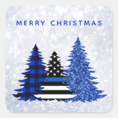 Police Christmas Thin Blue Line Glitzer Karierter Quadratischer Aufkleber (Vorderseite)