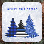 Police Christmas Thin Blue Line Glitzer Karierter  Quadratischer Aufkleber<br><div class="desc">Mit diesem einzigartigen Weihnachtsaufkleber der Polizei - Thin Blue Line, karierte und blaue Glitzer in Schwarz und Blau auf Silberschnee Glitzer Hintergrund Design versenden Sie frohe Weihnachtsgrüße an Freunde und Familie. Personalisieren mit Text. Dieser Weihnachtsaufkleber der Polizei ist perfekt für Polizeifamilien oder Polizeidienste. COPYRIGHT © 2020 Judy Burrows, Black Dog...</div>