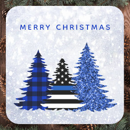 Police Christmas Thin Blue Line Glitzer Karierter Quadratischer Aufkleber