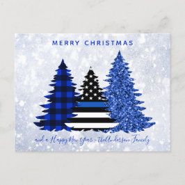 Police Christmas Thin Blue Line Karierter Glitzer Feiertagspostkarte