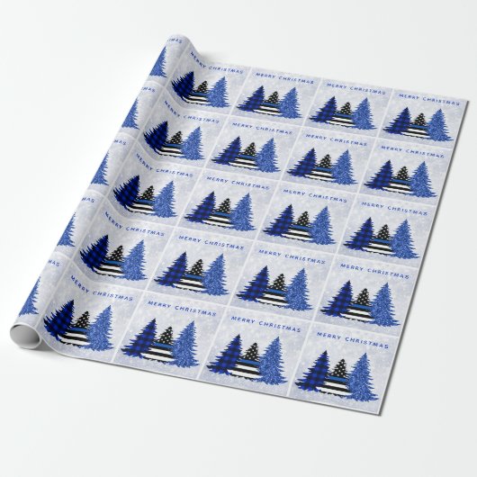 Police Christmas Thin Blue Line Karierter Glitzer Geschenkpapier (Ungerollt)