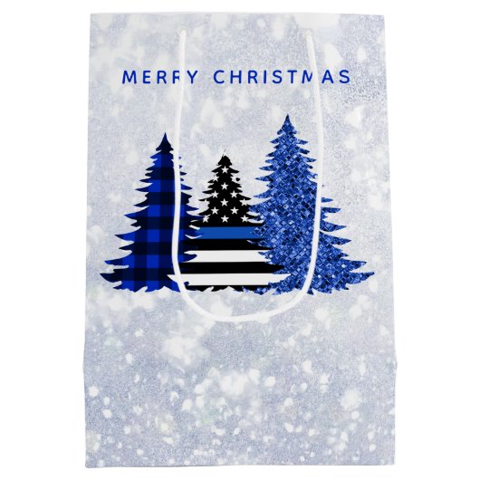Police Christmas Thin Blue Line Karierter Glitzer Mittlere Geschenktüte (Rückseite)