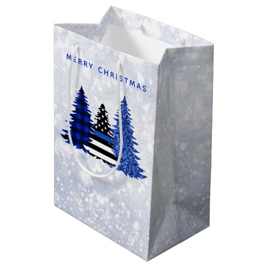 Police Christmas Thin Blue Line Karierter Glitzer Mittlere Geschenktüte (Rückseite Schrägansicht)