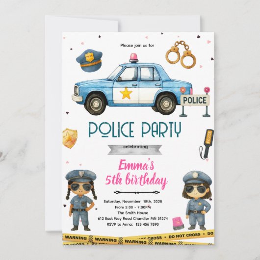 Police girl party theme invitation einladung (Vorderseite)