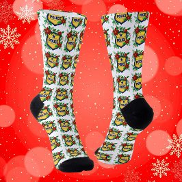 Police Merry Christmas Shield with Poinsettia Socken