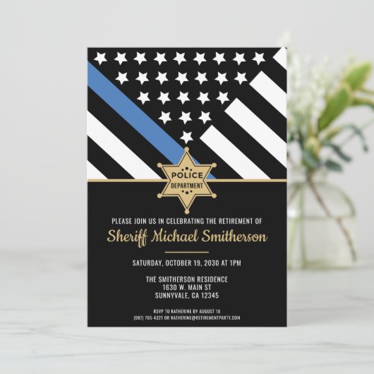 Police Sheriff Retirement Thin Blue Line Flag Einladung (Stehend Vorderseite)