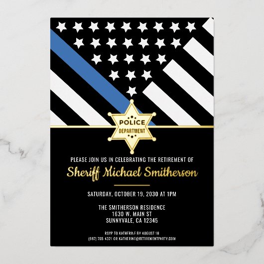 Police Sheriff Retirement Thin Blue Line Flag Folieneinladung (Vorderseite)