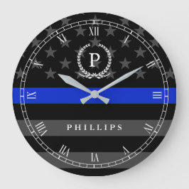 Police Styled American Flag Monogram Große Wanduhr