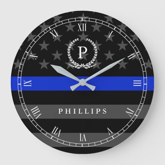 Police Styled American Flag Monogram Große Wanduhr (Vorderseite)