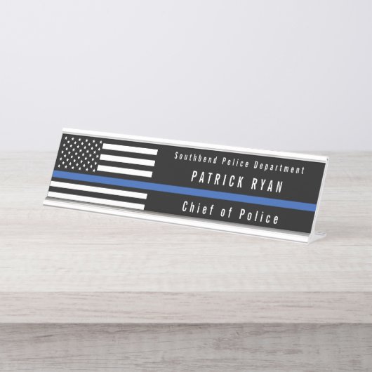 Police Thin Blue Line American Flag Mit Monogramm Schreibtischnamensplakette (Vorderseite )