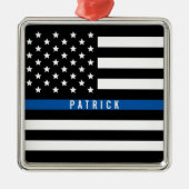 Police Thin Blue Line American Flag Monogram Silbernes Ornament (Vorne)