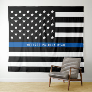 Police Thin Blue Line American Flag Monogram Wandteppich