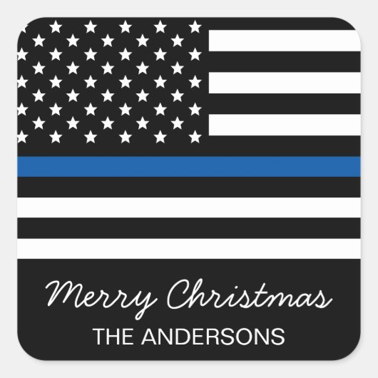 Police Thin Blue Line American Flag Weihnachten Quadratischer Aufkleber (Vorderseite)
