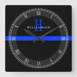 Police Thin Blue Line Custom Monogram Quadratische Wanduhr