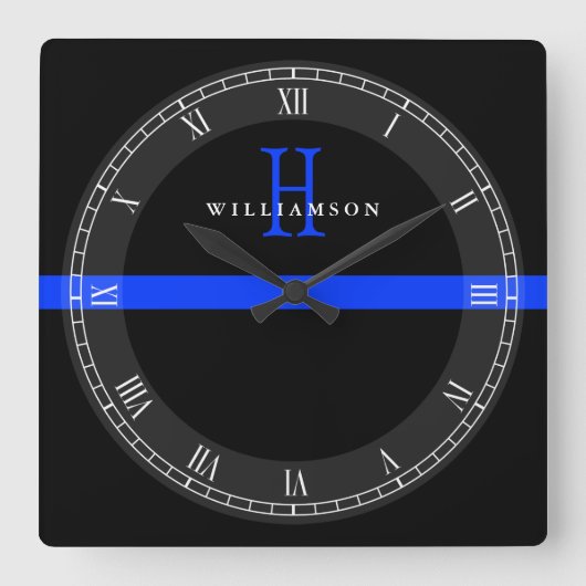 Police Thin Blue Line Custom Monogram Quadratische Wanduhr (Vorderseite)