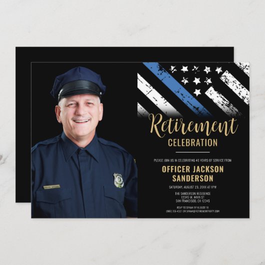 Police Thin Blue Line Flag Foto Rentirement Einladung (Vorne/Hinten)