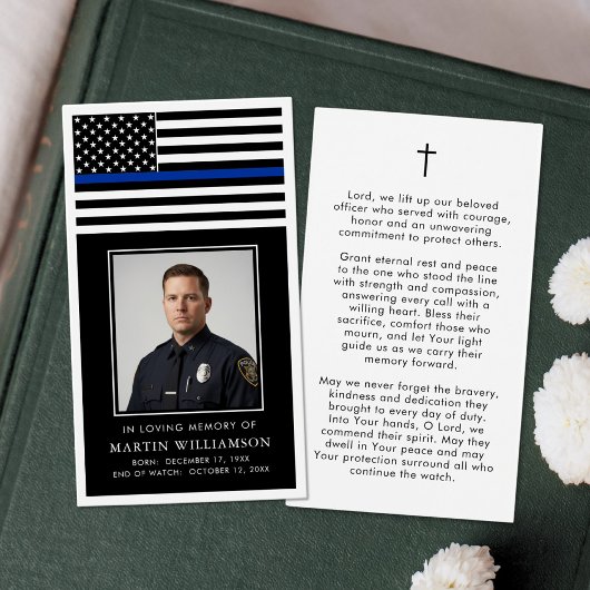 Police Thin Blue Line Flag Funeral Prayer Card