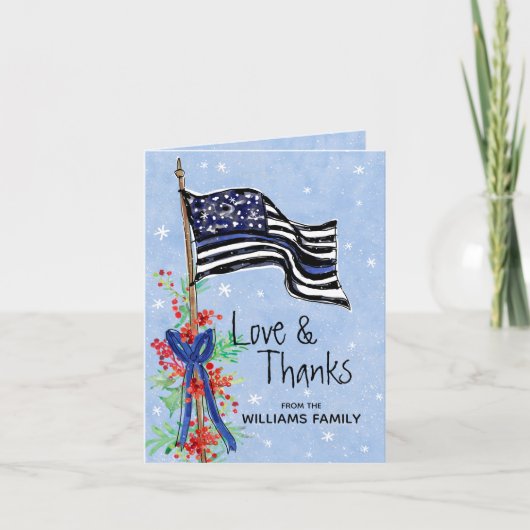 Police Thin Blue Line Flag Holly Family Nave Dankeskarte (Vorderseite)