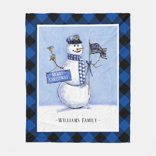 Police Thin Blue Line Flag Weihnachtsschneemann Ka Fleecedecke (Vorderseite)