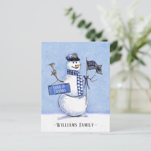Police Thin Blue Line Snowman Holiday Danke Postkarte (Stehend Vorderseite)