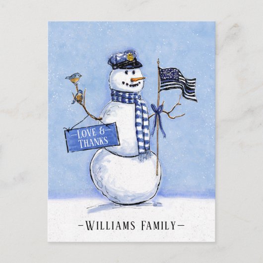 Police Thin Blue Line Snowman Holiday Danke Postkarte (Vorderseite)