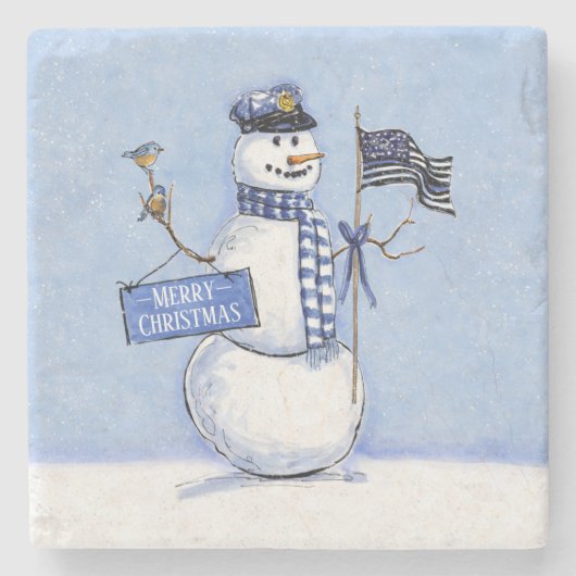 Police Thin Blue Line Snowman Weihnachten Steinuntersetzer (Vorderseite)