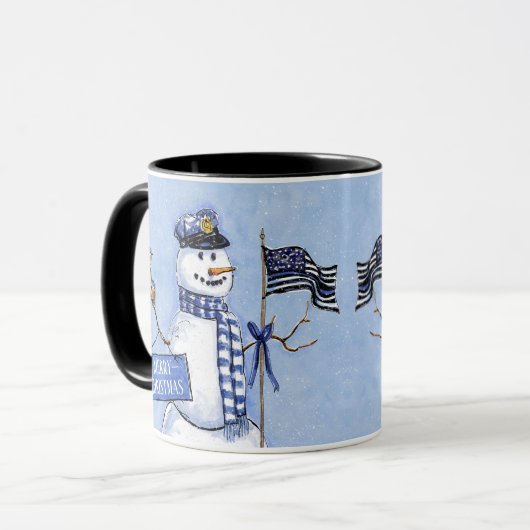 Police Thin Blue Line Snowman Weihnachten Tasse (Vorderseite Links)