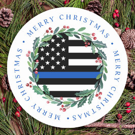 Police Thin Blue Line Wreath Frohe Weihnachten Runder Aufkleber