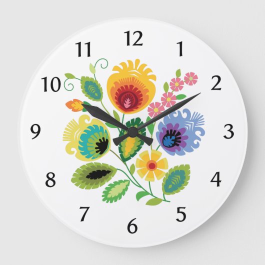 Polish Folk Flowers Yellow Große Wanduhr (Vorderseite)