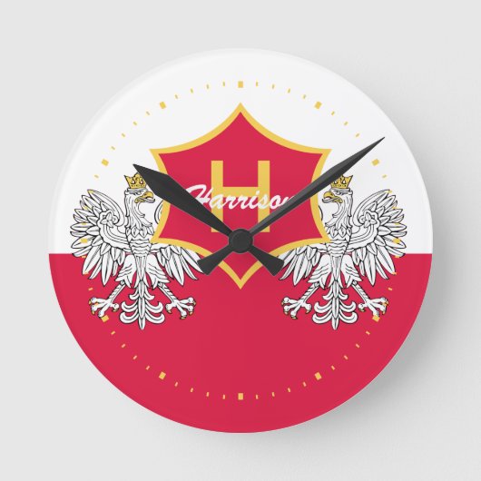 Polish White Eagle Crest Monogrammed Runde Wanduhr (Vorderseite)