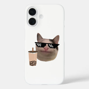 Polite Cat Meme mit Brillen und Boba Drink iPhone 16 Hülle