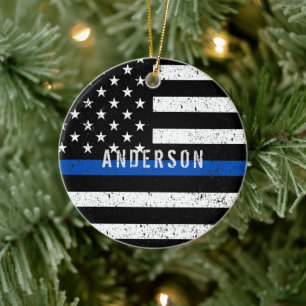 Polizei bedrückte Thin Blue Line mit Namen Keramik Ornament
