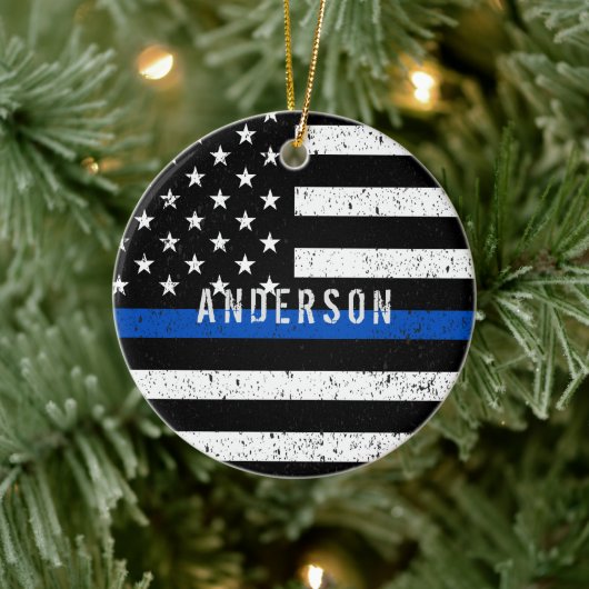 Polizei bedrückte Thin Blue Line mit Namen Keramik Ornament (Baum)
