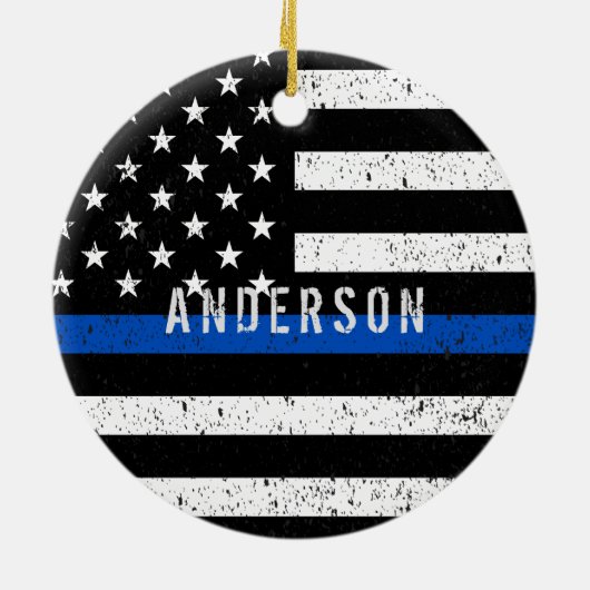 Polizei bedrückte Thin Blue Line mit Namen Keramik Ornament (Hinten)