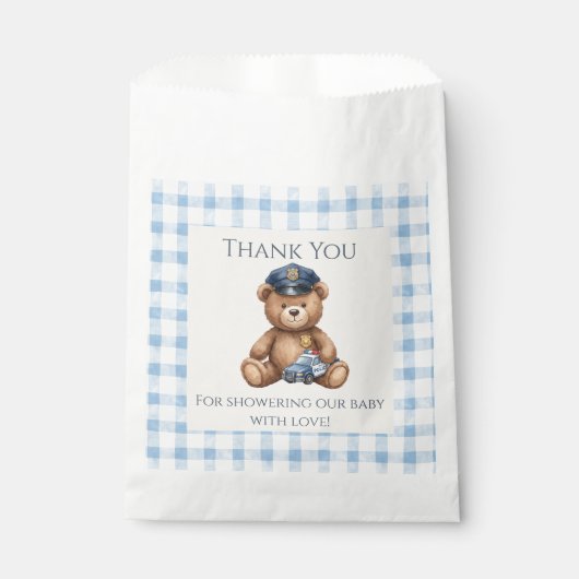 Polizei-Teddybär-Gingham-Baby-Party Geschenktütchen (Vorderseite)