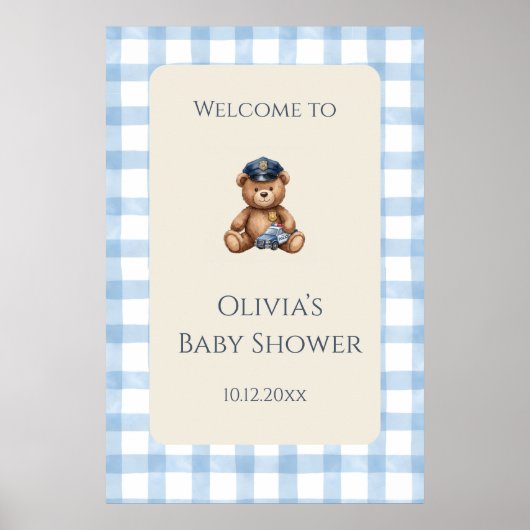 Polizei-Teddybär-Gingham-Baby-Party Poster (Vorne)