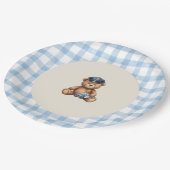 Polizei-Teddybär-Gingham-Baby-Shower-Teller Pappteller (Schrägansicht)