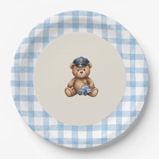 Polizei-Teddybär-Gingham-Baby-Shower-Teller Pappteller (Vorderseite)