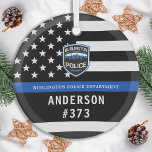 Polizeiabteilung Logo für Blaue Strafverfolgung Ornament Aus Glas<br><div class="desc">Thin Blue Line Police Department Weihnachtsschmuck - Amerikanische Flagge in Polizei Flag Farben, moderne schwarz und blau Design . Passen Sie sich mit Ihrem Abteilungslogo an, und personalisieren Sie die Personalisierung mit dem Namen der Polizeibeamten und der Abzeichen-Nummer. Dieses personalisierte Vollzugsschmuck eignet sich hervorragend für Polizeidienststellen und Strafverfolgungsbeamte, kleine Geschenke...</div>