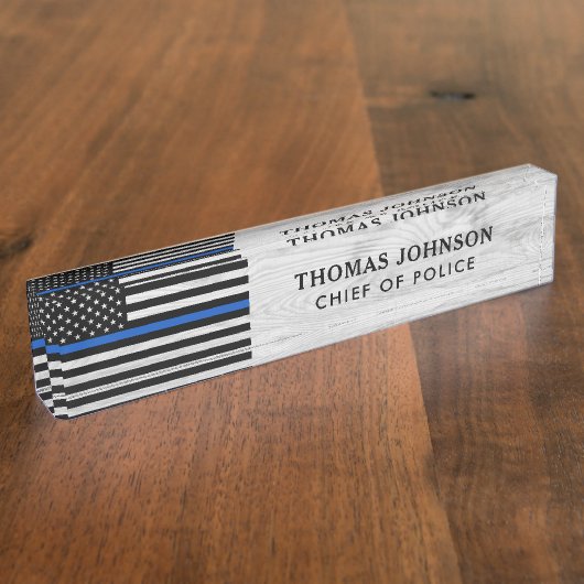 Polizeibeamte Rustic Wood Thin Blue Line Flag Namensplakette (Seite)