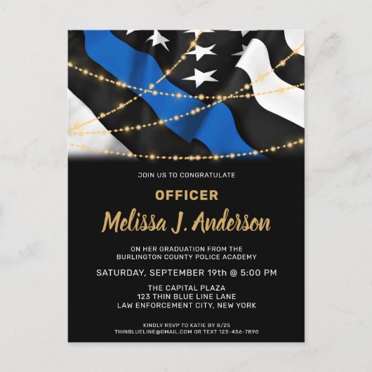 Polizeibeamter Abschluss Thin Blue Line Party Einladungspostkarte (Vorderseite)