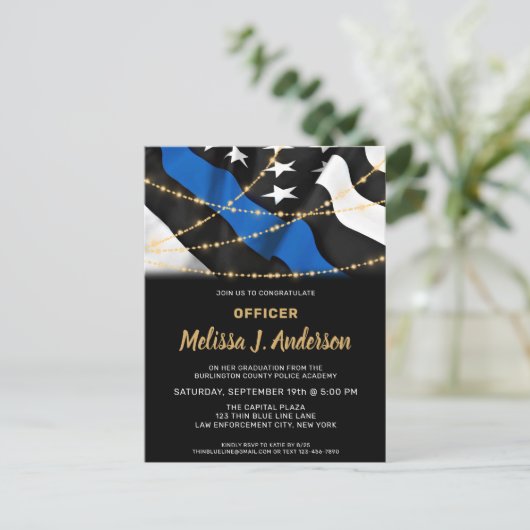 Polizeibeamter Abschluss Thin Blue Line Party Einladungspostkarte (Stehend Vorderseite)