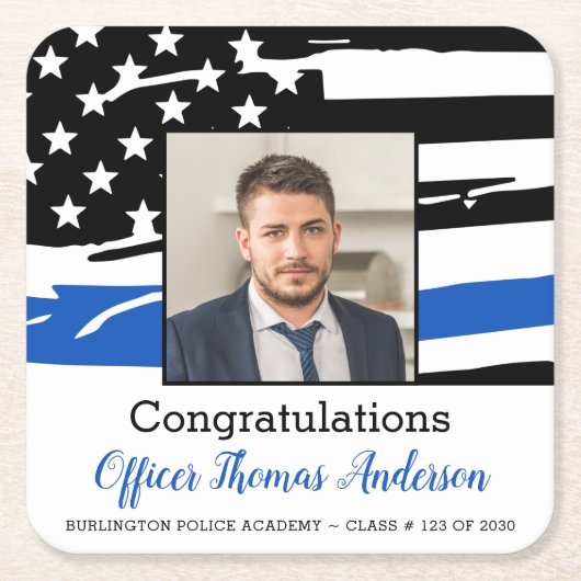 Polizeibeamter Foto Thin Blue Line Abschluss Rechteckiger Pappuntersetzer (Vorderseite)